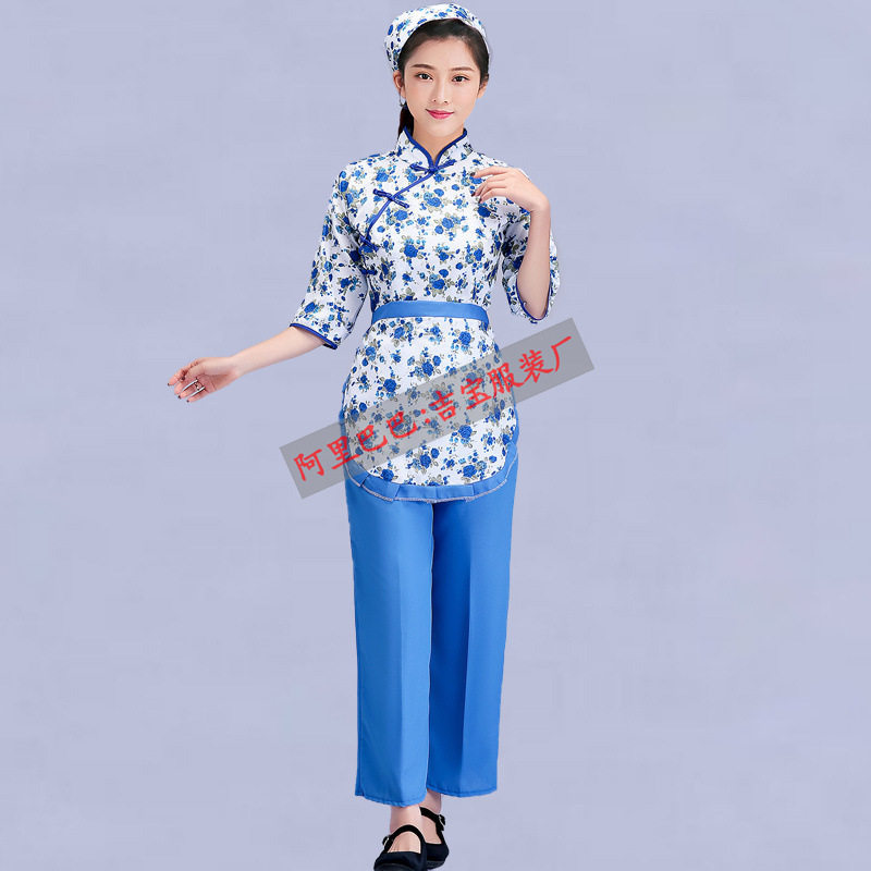 新款村姑碎花网红直播衣服女采茶戏套装农民舞蹈阿庆嫂表演出服装