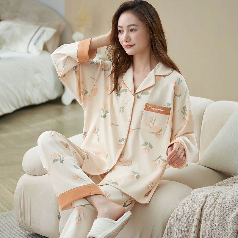 睡衣女春秋季纯棉100%长袖卡通套装韩版加长款加肥秋女家大码5XL