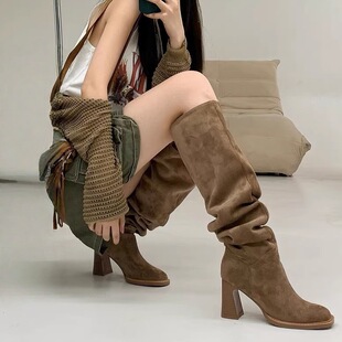 韩国欧尼～复古粗跟堆堆靴高筒靴褶皱宽大西部牛仔靴长靴