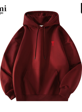 Ami iepo官方酒红色连帽卫衣男女情侣秋冬季美式重磅宽松百搭上衣
