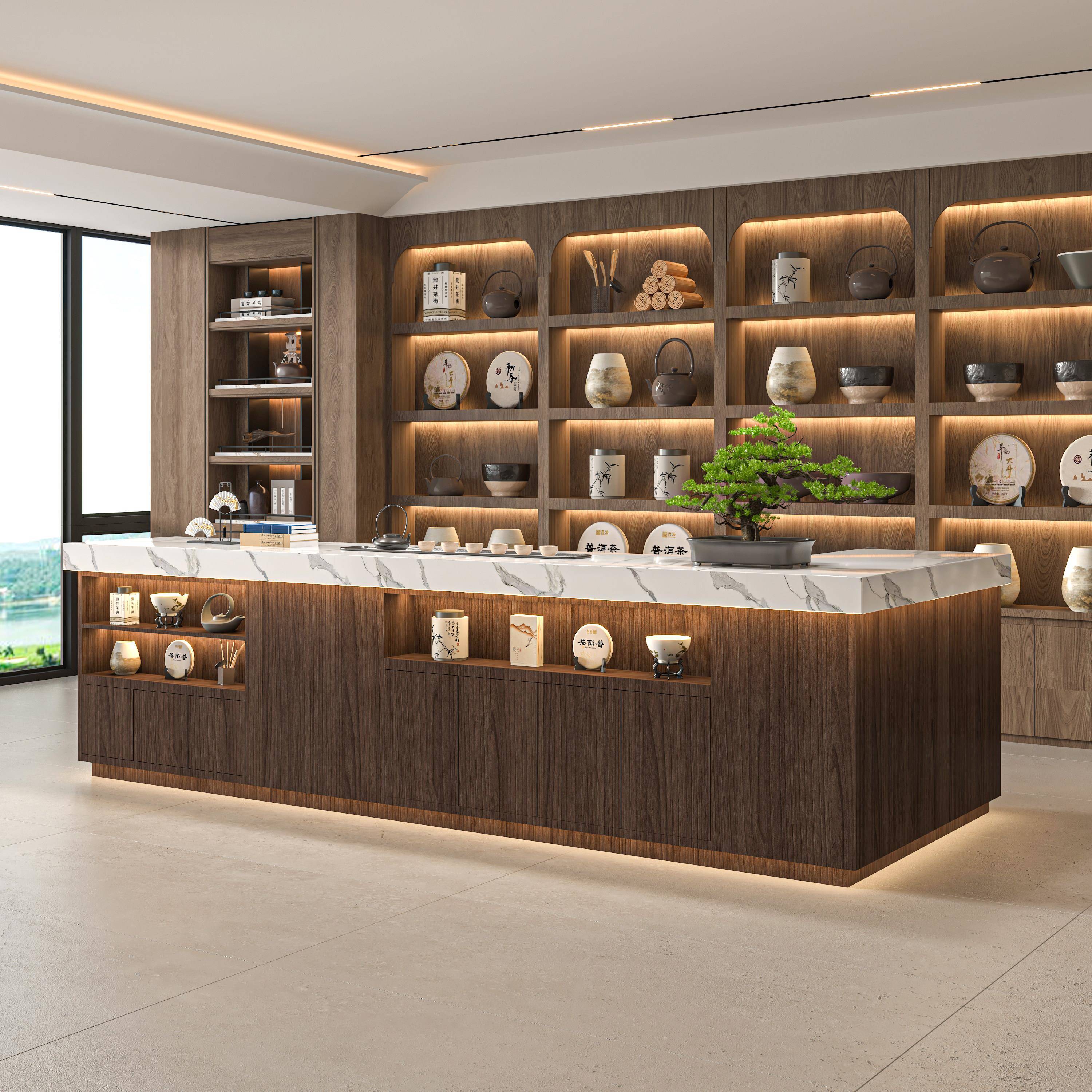 新中式吧台茶楼茶叶店柜台大理石纹前台餐厅酒店接待台名宿收银台图片