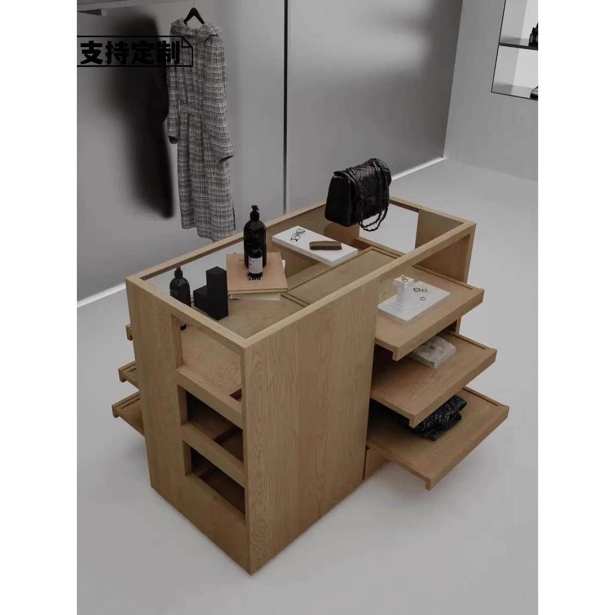 实木中岛桌展示台服装店铺流水台收银台边柜陈列装饰品柜鞋柜斗柜