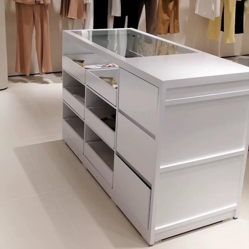 实木服装店收银台边柜流水台复古欧式带玻璃装饰中岛展示台展示柜