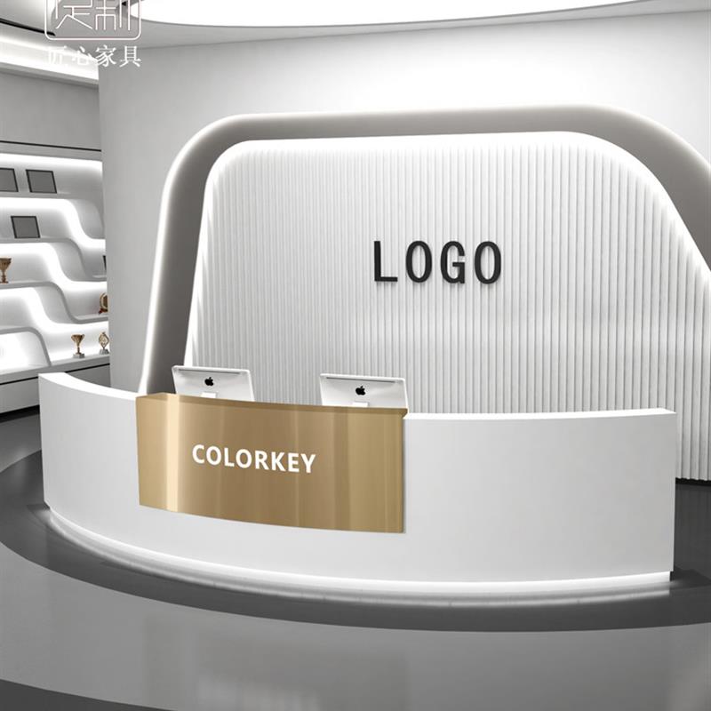 简约现代烤漆公司美容院不锈钢收银台弧形吧台理发店迎宾接待前台