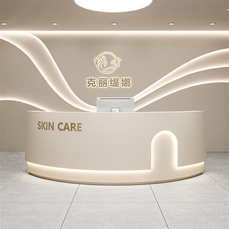 简约美容院吧台公司前台接待台桌服装店婚纱摄影舞蹈室弧形收银台