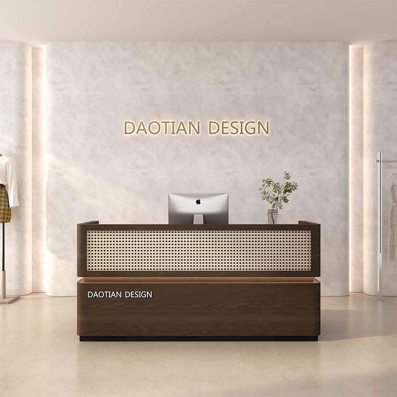 服装店收银台吧台桌童装店女装店小型柜台简约油风实木藤编款前台