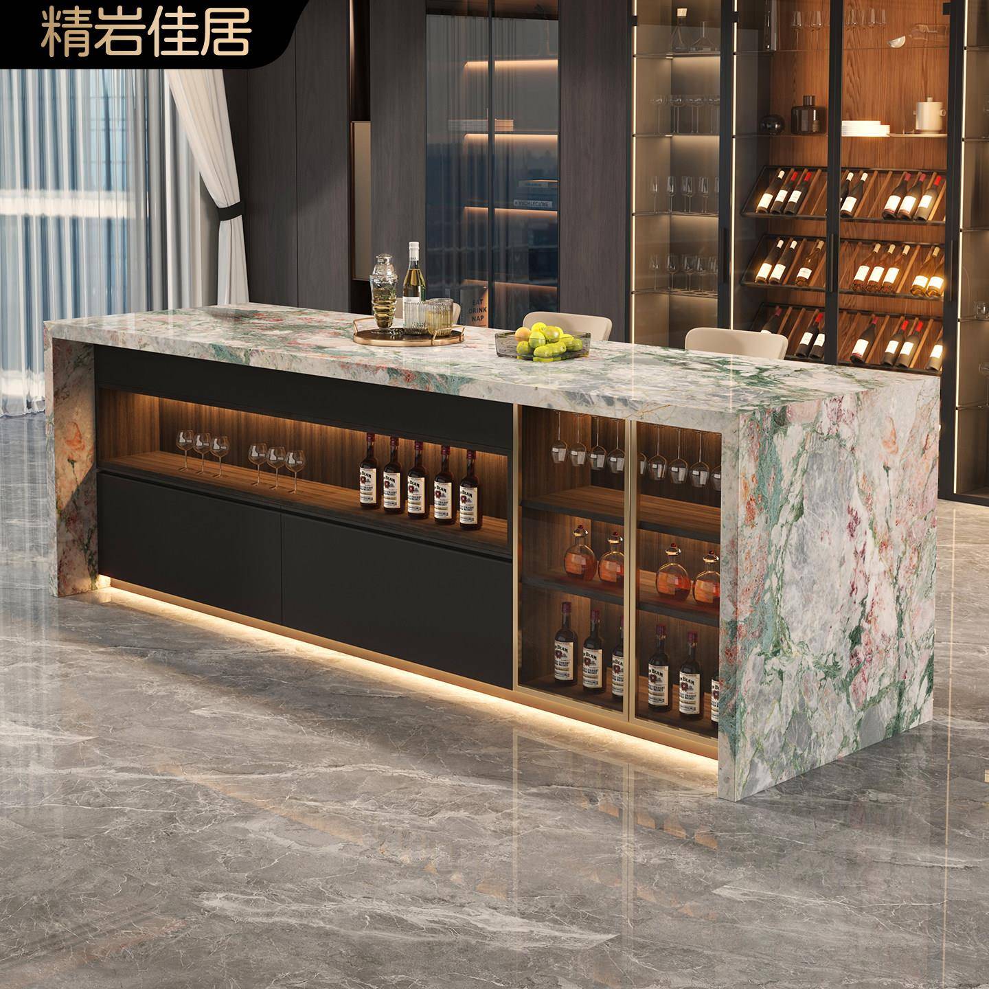 意式轻奢岛台餐桌一体家用厨房餐厅倒台定制酒柜岩板西厨中导吧台
