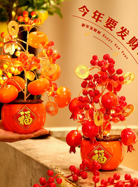 新款发财果福桶摆件批发新年仿真花家居装扮发光红果元旦氛围布置