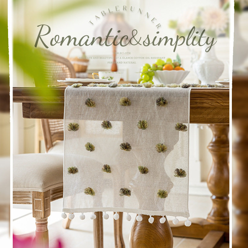 跨境新款网纱桌旗彩色球球长方形防尘盖布婚礼纱幔茶几装饰布代发