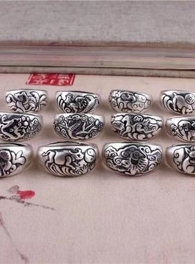 十二生肖戒指男士古风时尚个性开口指环复古做旧防泰银本命年戒指