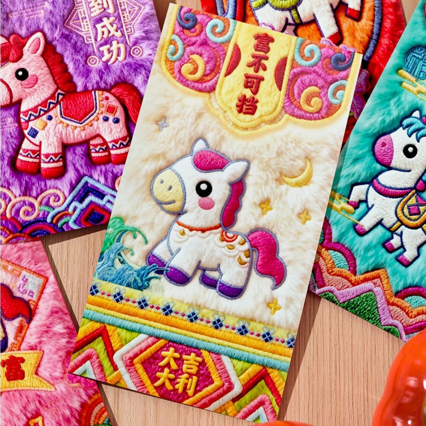 抖音爆款2026马年5D平面仿毛绒刺绣风红包春节创意压岁拜年利是封