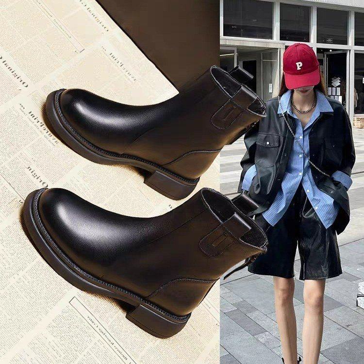 软皮瘦瘦靴女款平底后拉链秋季单靴冬季加绒马丁靴短靴