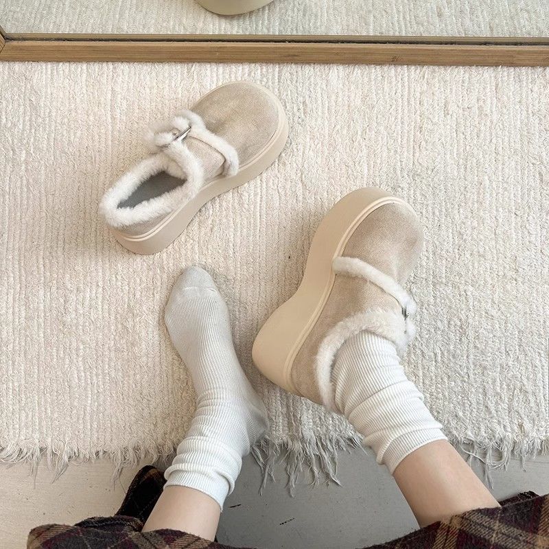 米色棉鞋女冬季增高厚底毛毛鞋加绒加厚勃肯鞋松糕大头保暖雪地靴