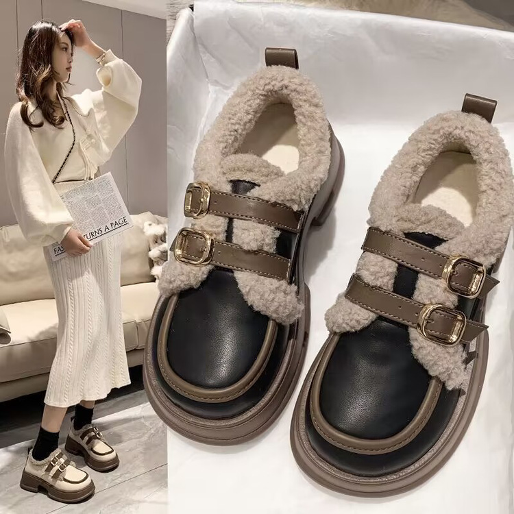 厚底乐福小皮鞋加绒保暖鞋年冬季日系学生增高外穿棉鞋