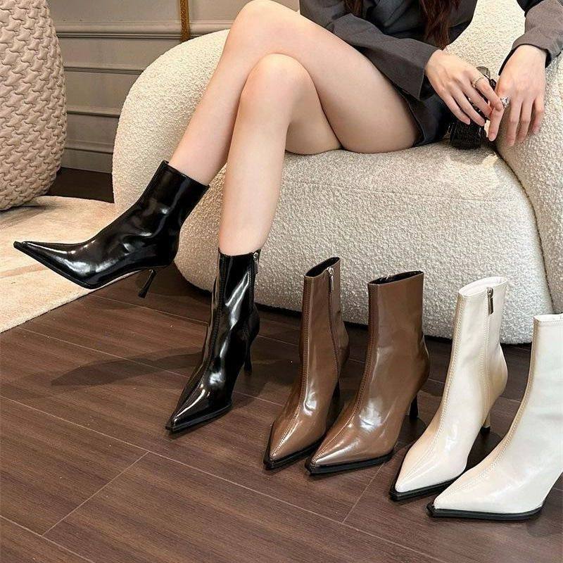 欧美细跟拼接裸靴瘦瘦靴复古棕色短靴高跟尖头短靴年秋冬