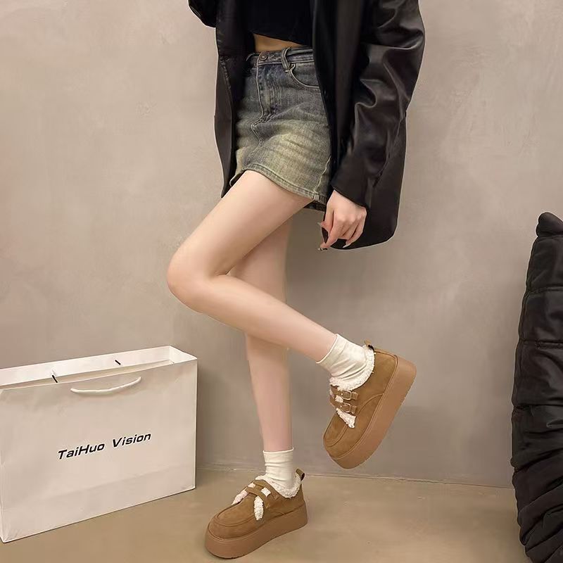 学院风坡跟加绒毛毛勃肯棉鞋女冬季松糕加绒低帮雪地靴潮