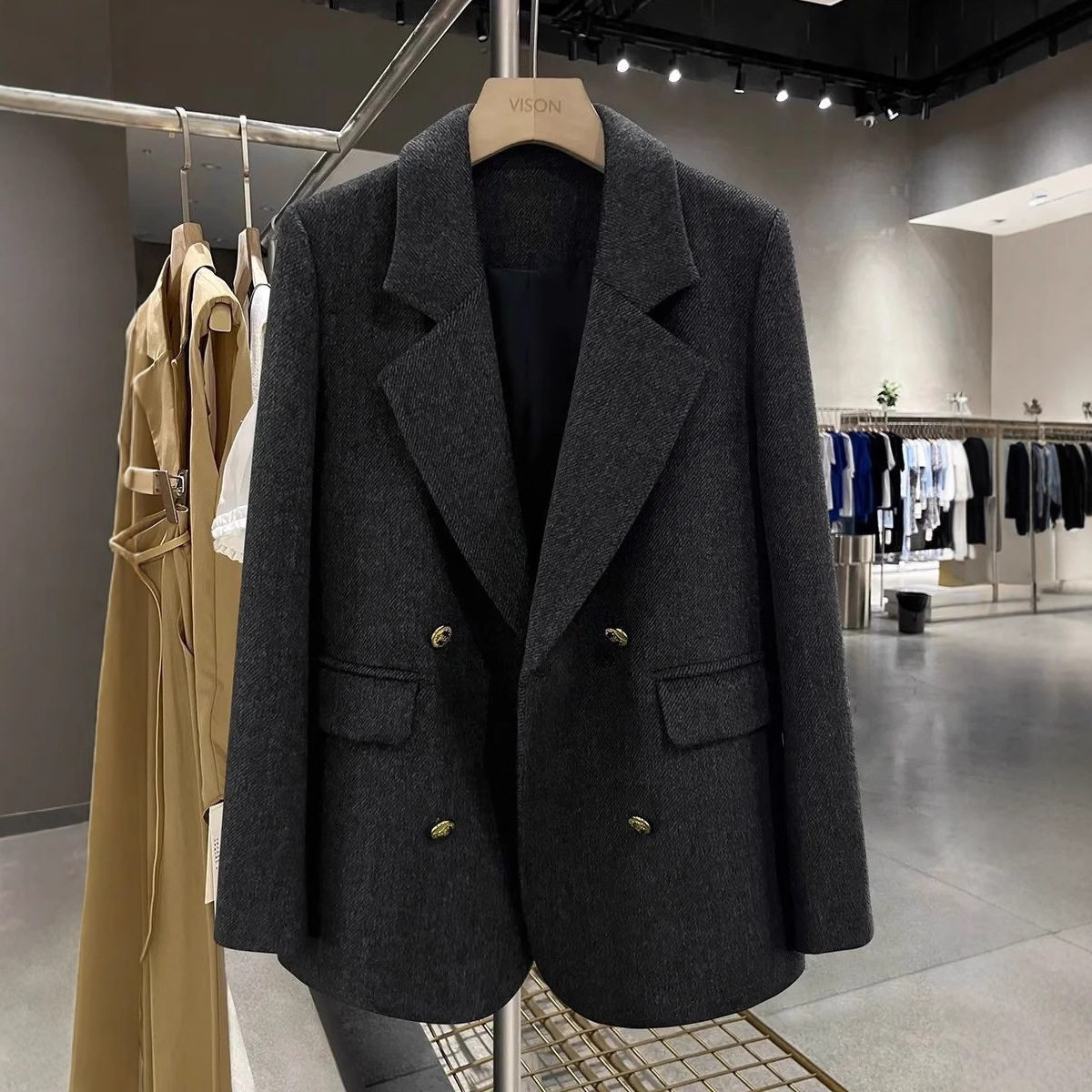 深灰色斜纹韩版显瘦毛呢西装外套女2025新款秋冬季高端网红小西服