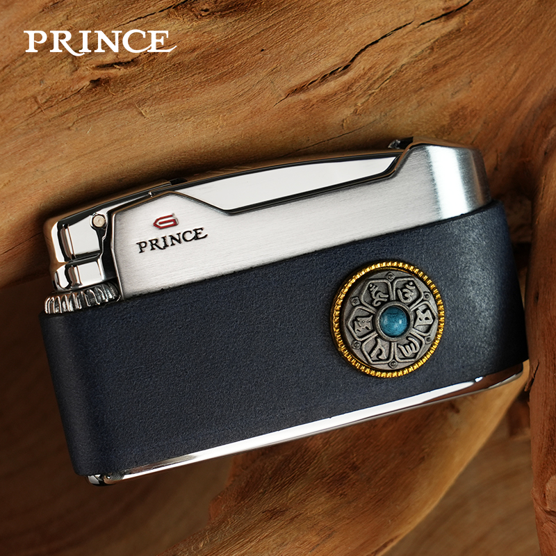PRINCE王子复古充气打火机真皮六字真言转盘个性送礼男士生日礼物