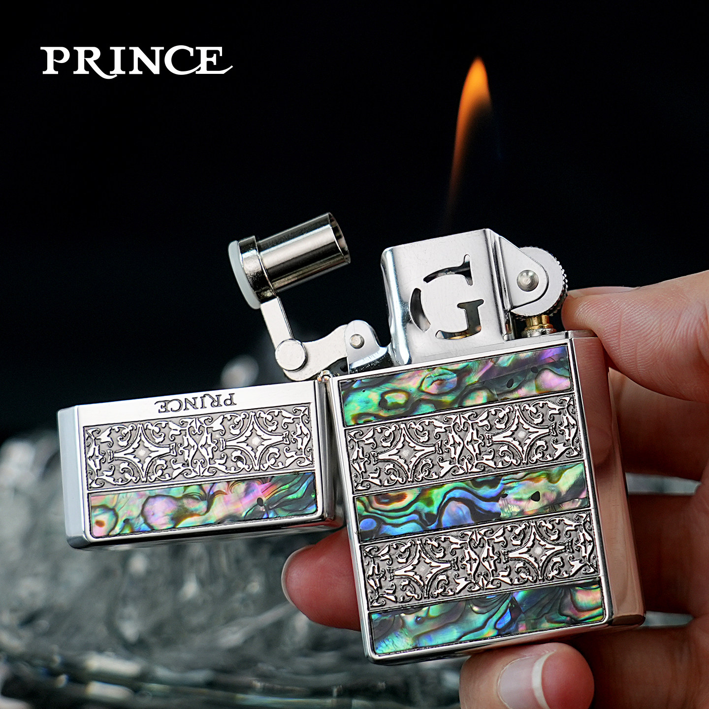 日本PRINCE打火机煤油砂轮点火唐草天然彩贝镶嵌高颜值烟具礼物