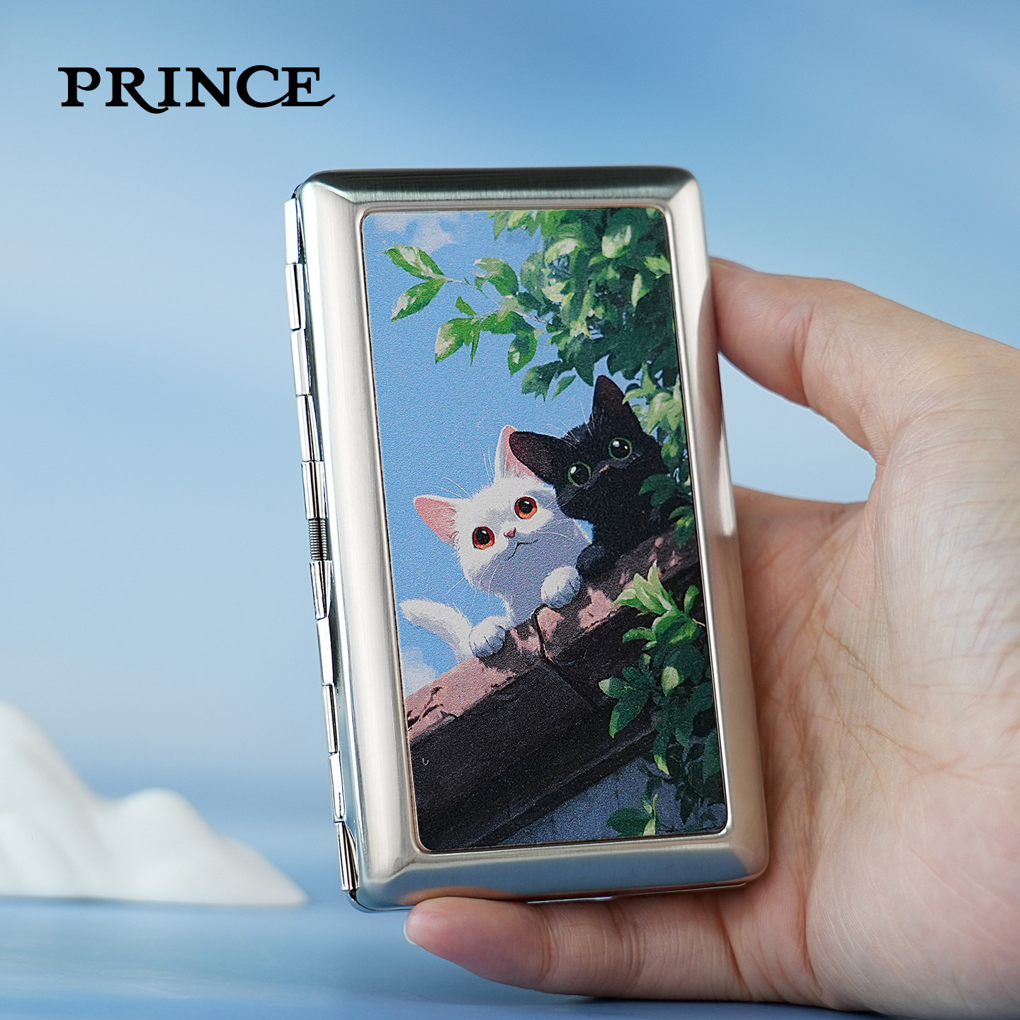 PRINCE王子烟盒金属真皮双猫远望可装粗中细烟高颜值香烟收纳烟夹