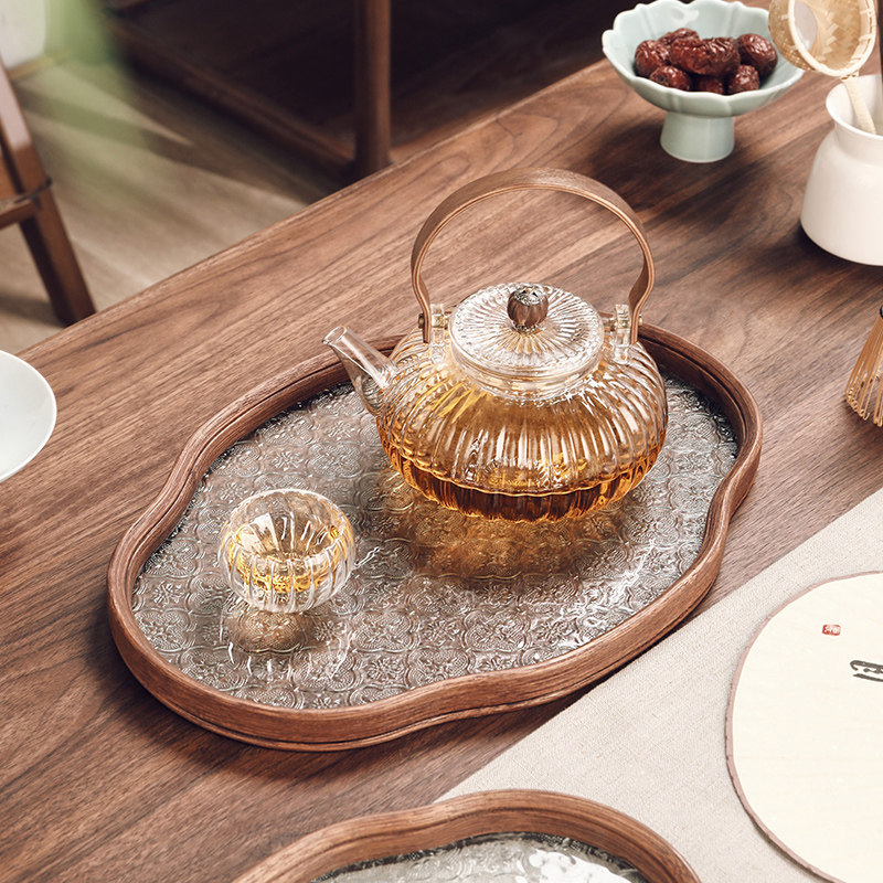 中式海棠花玻璃茶托 托盘家用覆古竹制茶盘茶具茶几水果点心盘收