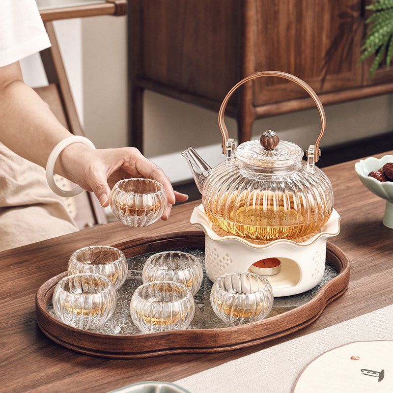 中式玻璃花茶壶茶杯套装蜡烛加热下午茶茶具围炉煮水果茶壶养生壶