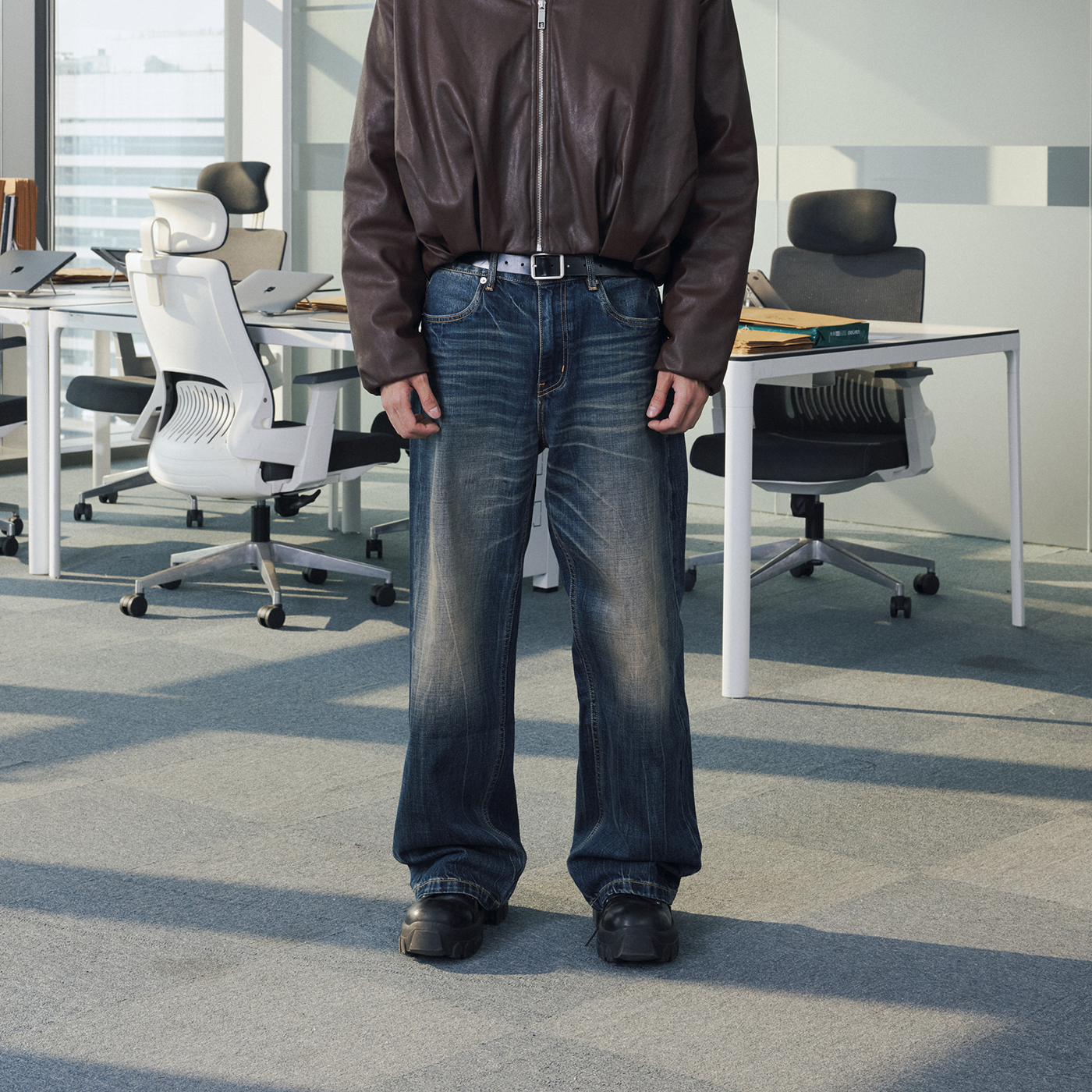 【黄景瑜同款】OaOO深蓝色闪电纹牛仔裤复古水洗宽松直筒微阔长裤