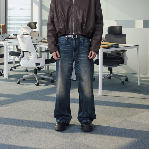 【黄景瑜同款】OaOO深蓝色闪电纹牛仔裤复古水洗宽松直筒微阔长裤