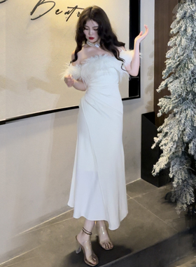 rose rain 玫瑰自制区秋日白色一字肩连衣裙性感显身材裙缎面长裙