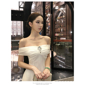 rose rain玫瑰自制区一字肩连衣裙女白色抹胸收腰显瘦宴会礼服裙