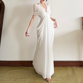 rose rain玫瑰自制区挂脖网纱白色气质拼接修身 收腰包臀宴会礼服