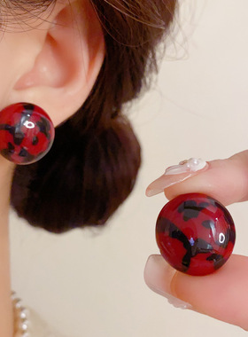 法式复古时尚简约红色豹纹圆环耳钉气质个性轻奢百搭设计感耳环女