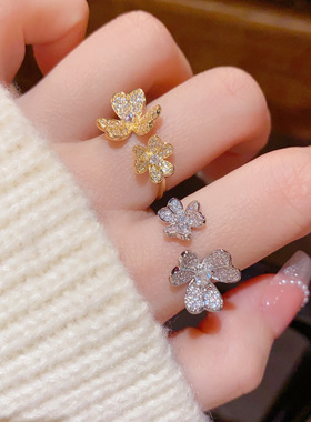 法式轻奢满钻三叶花开口戒个性精致时尚百搭高级感超闪食指戒