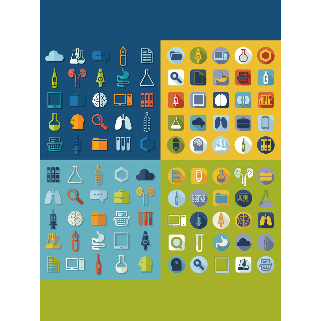 P45【ICONS素材扁平化医学医药试管温度计大脑资料簿 图标UI设计