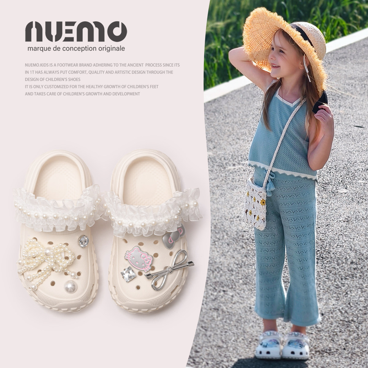 NUEMO童鞋~夏季新款女童甜美风蕾丝珍珠洞洞鞋儿童防滑包头凉拖鞋