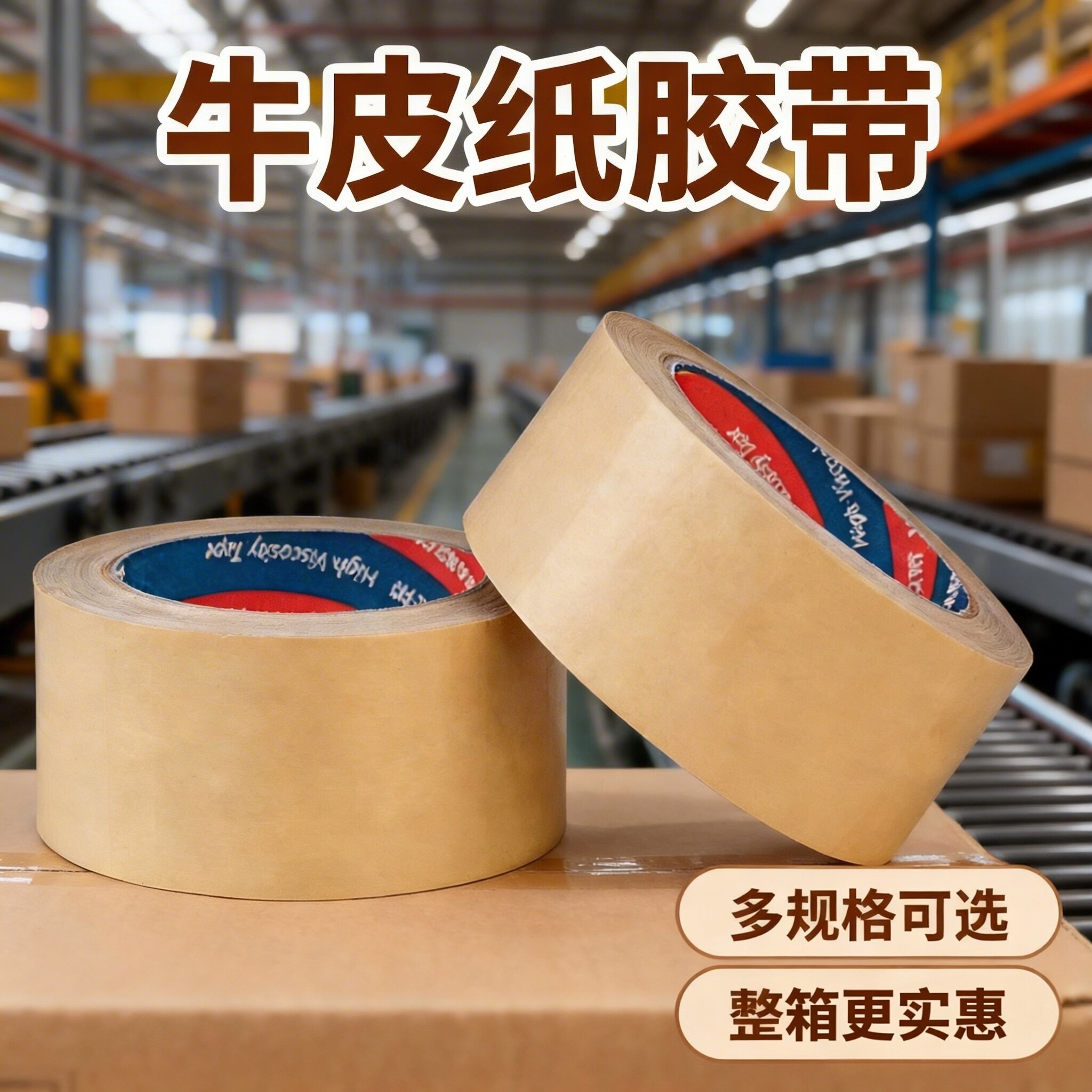强力高粘度整箱牛皮纸胶带快递封箱装相框裱画框胶带美术生专用免水牛皮粘毛大卷加厚可手撕棕色50米胶带批发