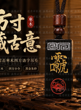 玉化雷击枣木四方讳字吊坠中式文玩挂件黑金朱砂小令牌挂饰