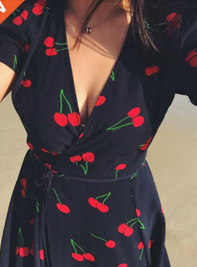 Plus Size Women Dress Cherry Print Short Sleeve Vintage Fren