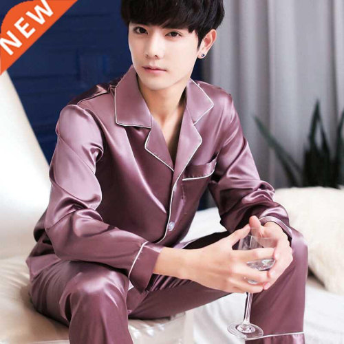 2021 New Men's Stain Silk Pajama Set Men Silk Sleepwear Men