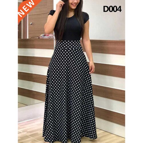 Women Polka Dot Print Patchwork Long Dress Summer Casual Sho