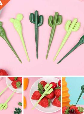6Pcs/set Plastic Green Cactus Fruit Forks Toothpick Kids