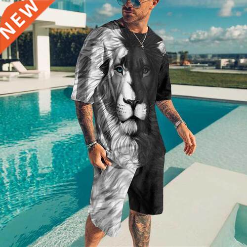 T Shirt Set for Men 3D lion Printed 2 Piece Casual Sets Summ