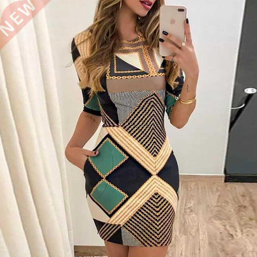 new elegant dress fashion print short-sleeved slim round nec
