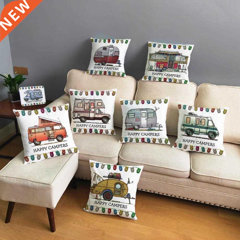 Happy Campers Car Soft Short Plush Cushion Cover Print Pillo