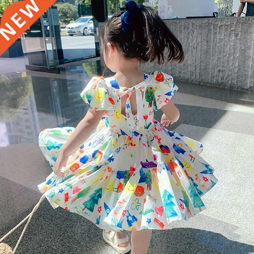 Summer Girls' Dress 2022 New Puff Sleeve Casual Cartoon Part
