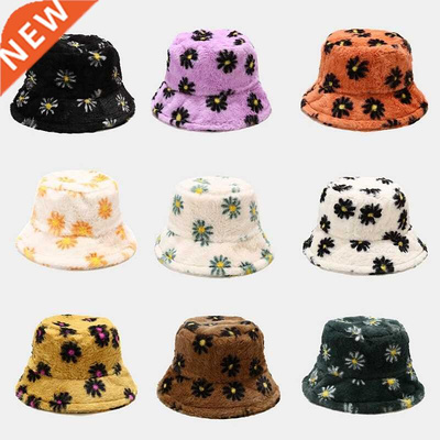 Daisies Flower Print Winter ucket Hat Women Fashion Faux Fu