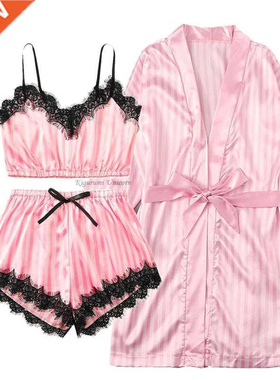 New 3 Peces Women Pajamas Sets Faux Slk Pajamas Sleepwear