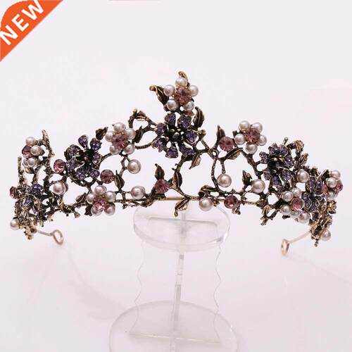 Baroque Vintage Black Purple Crystal Pearls Bridal Tiaras Cr