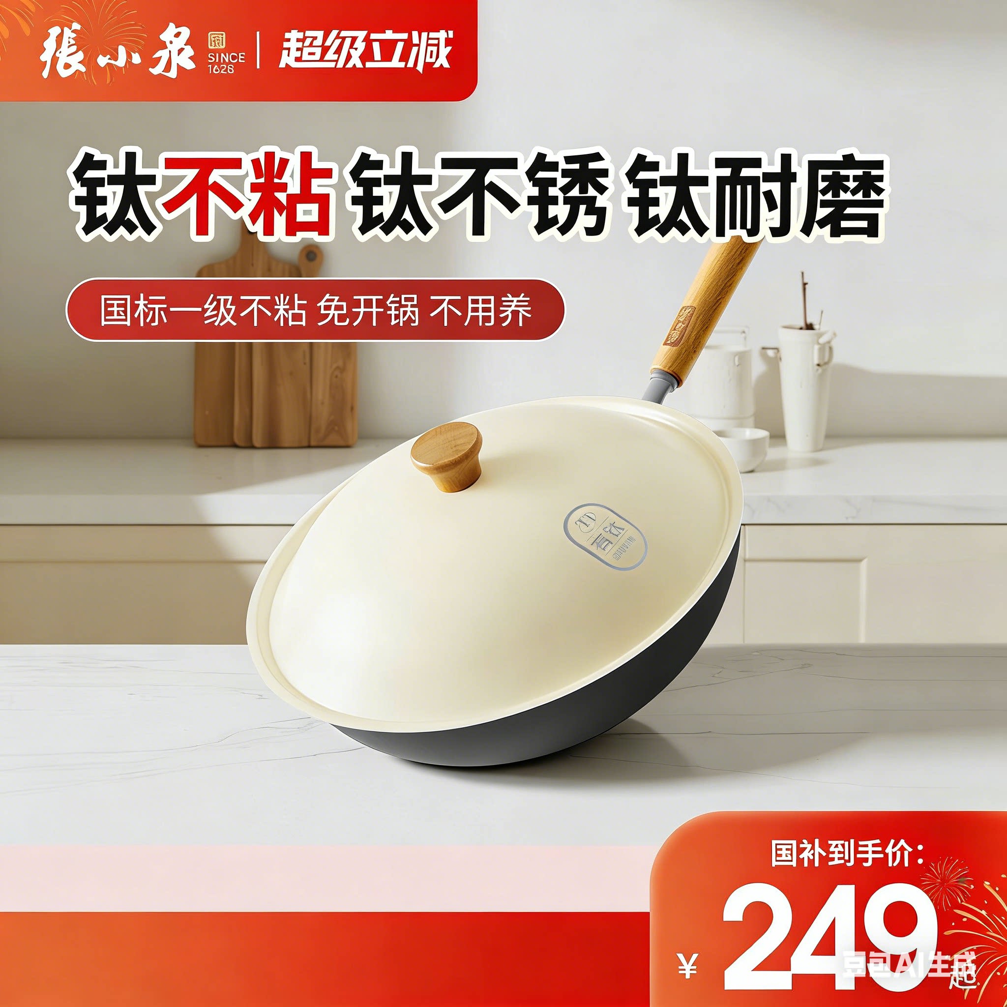 张小泉有钛不粘锅无涂层炒锅家用炒菜铁锅免开锅电磁炉燃气灶专用