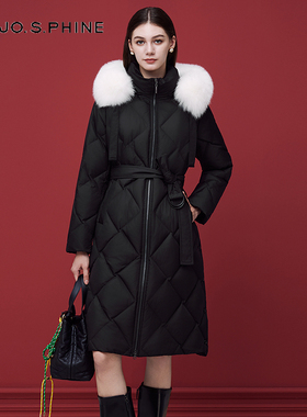 朗姿/MOJO AVENUE莫佐毛领中长款连帽羽绒服2025年新款鹅绒